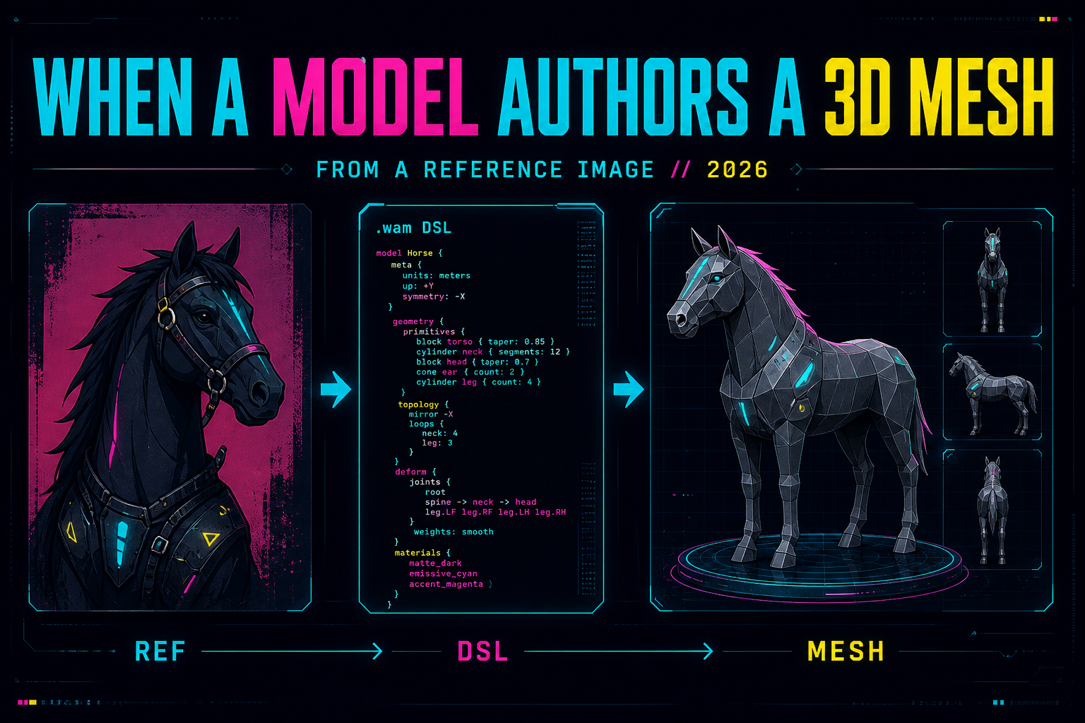 AI img2mesh with LLMs: mesh from a reference image, authored as DSL